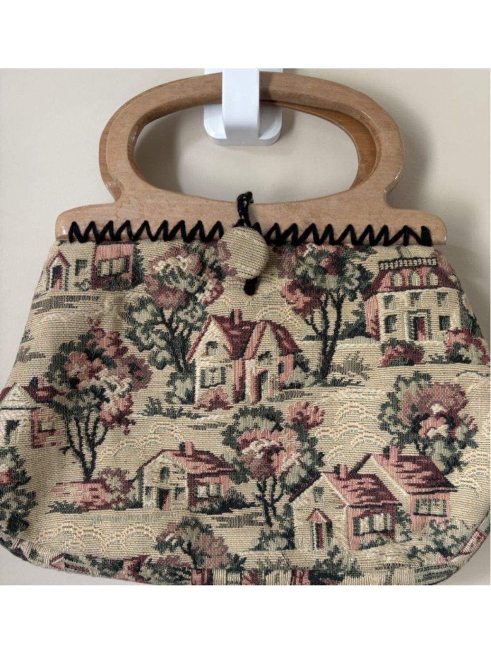 Vintage 1960's Tapestry Handbag Purse Wood Handles Signed Granny Chic Victorian
